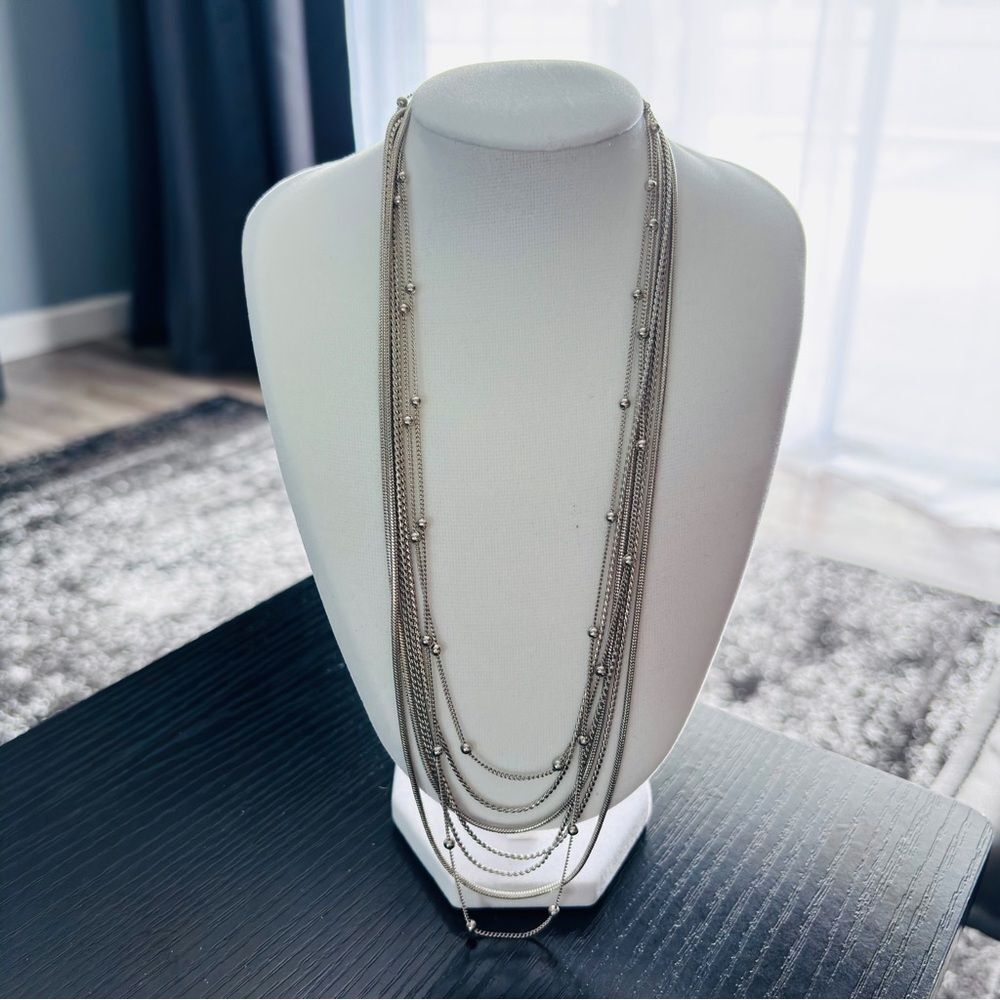 7 Strand Silver Multi Chain Necklace Layered Beaded Statement